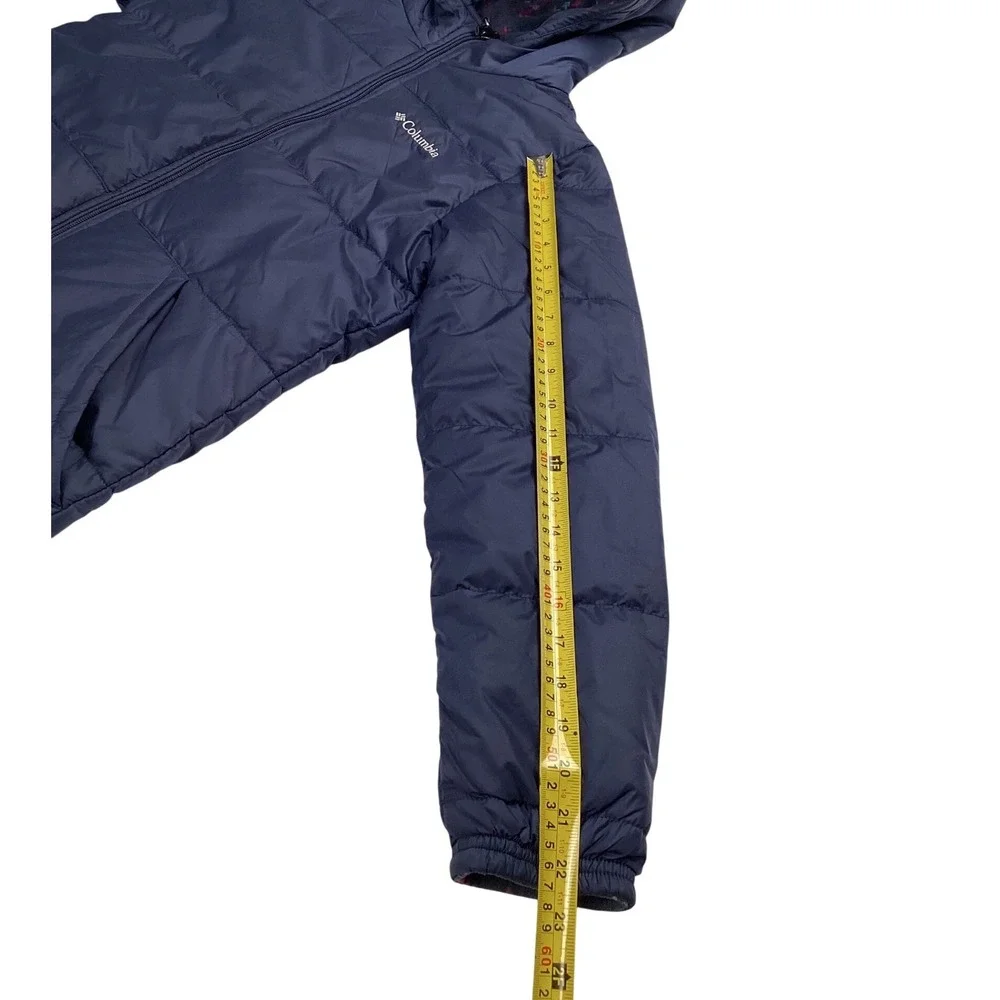Columbia Reversible Puffer Jacket Girls L 14/16 Blue Pink Geometric Print Hooded